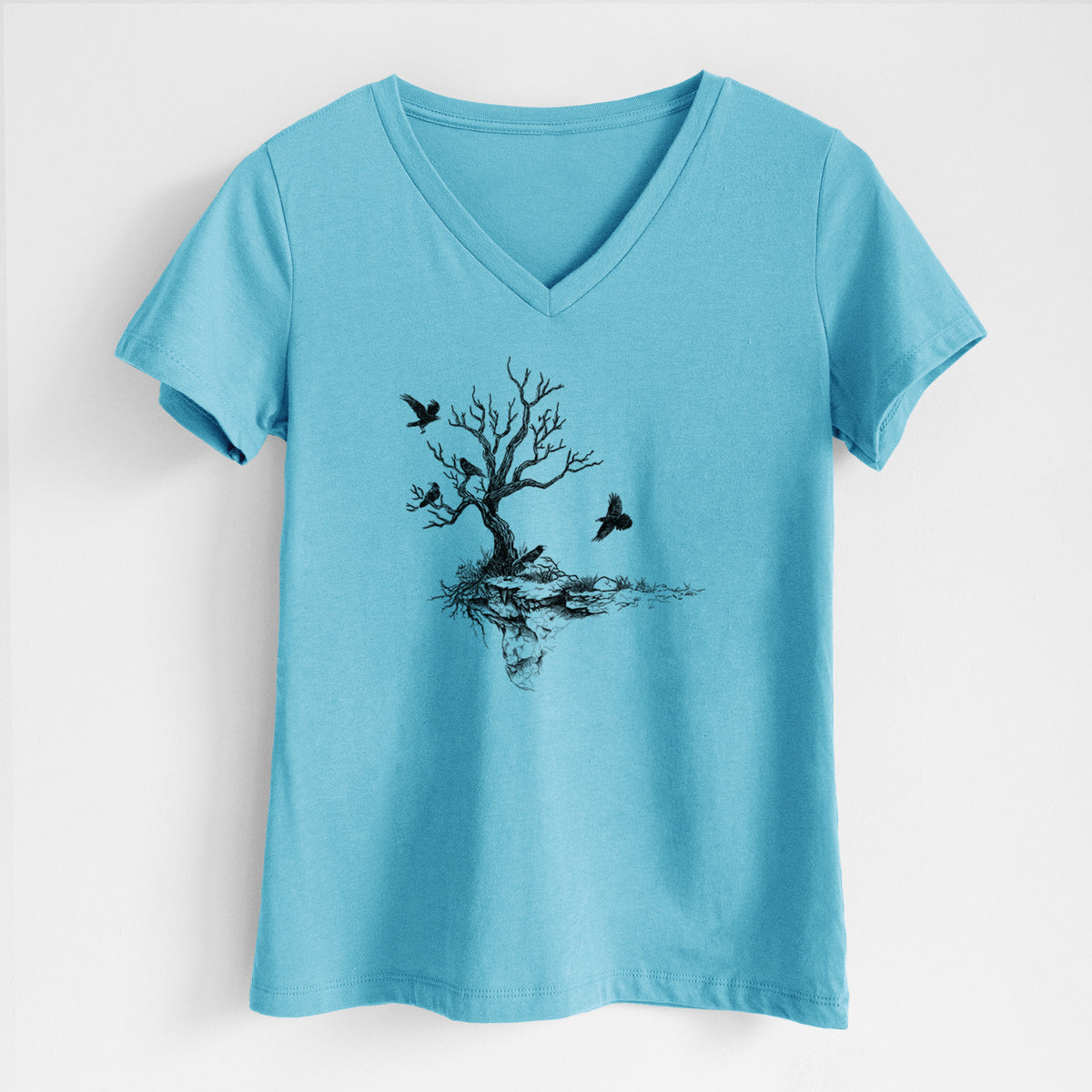 Twisted Tree with Ravens - Women&#39;s Lightweight Relaxed Fit 100% Cotton V-neck