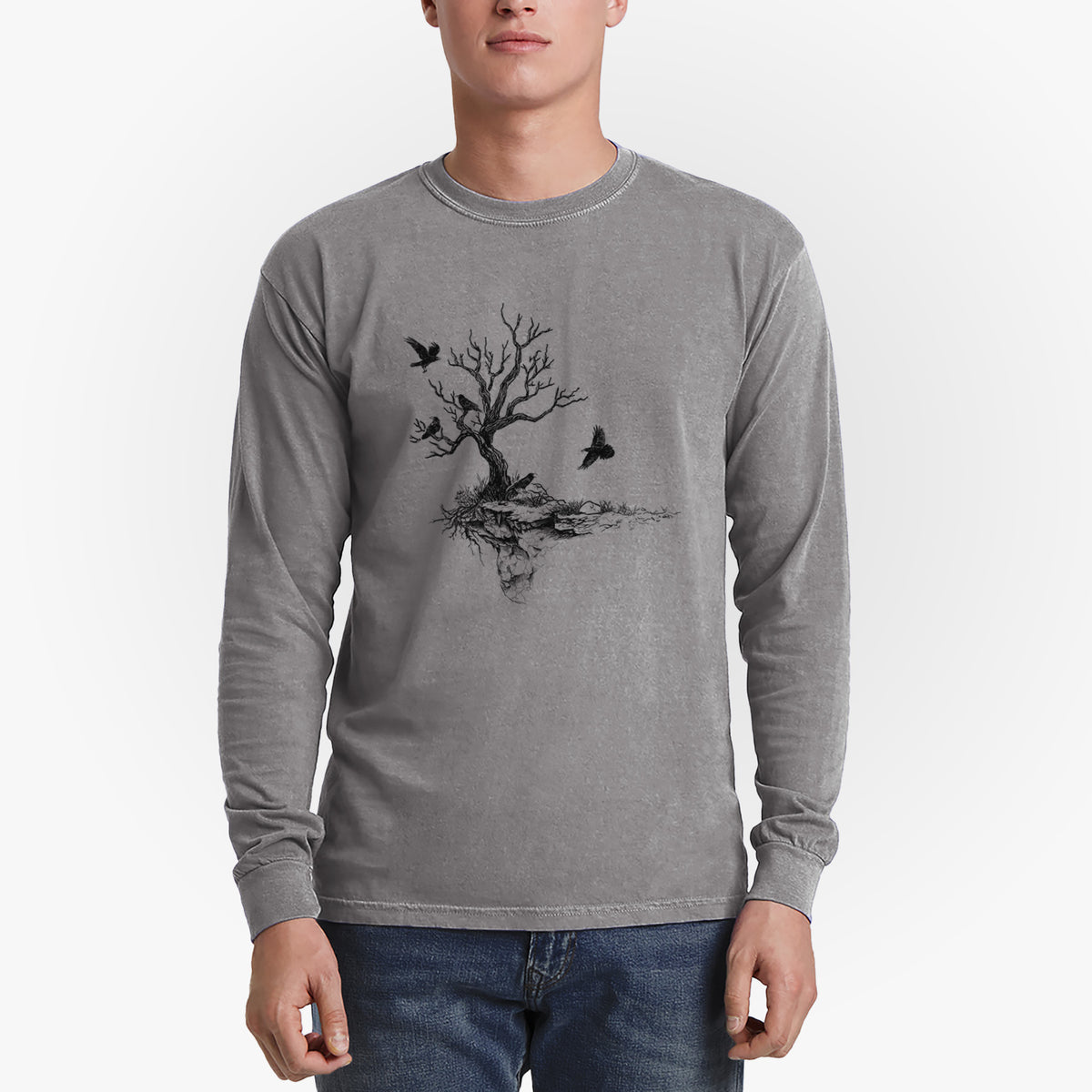 Twisted Tree with Ravens - Men&#39;s Heavyweight 100% Cotton Long Sleeve