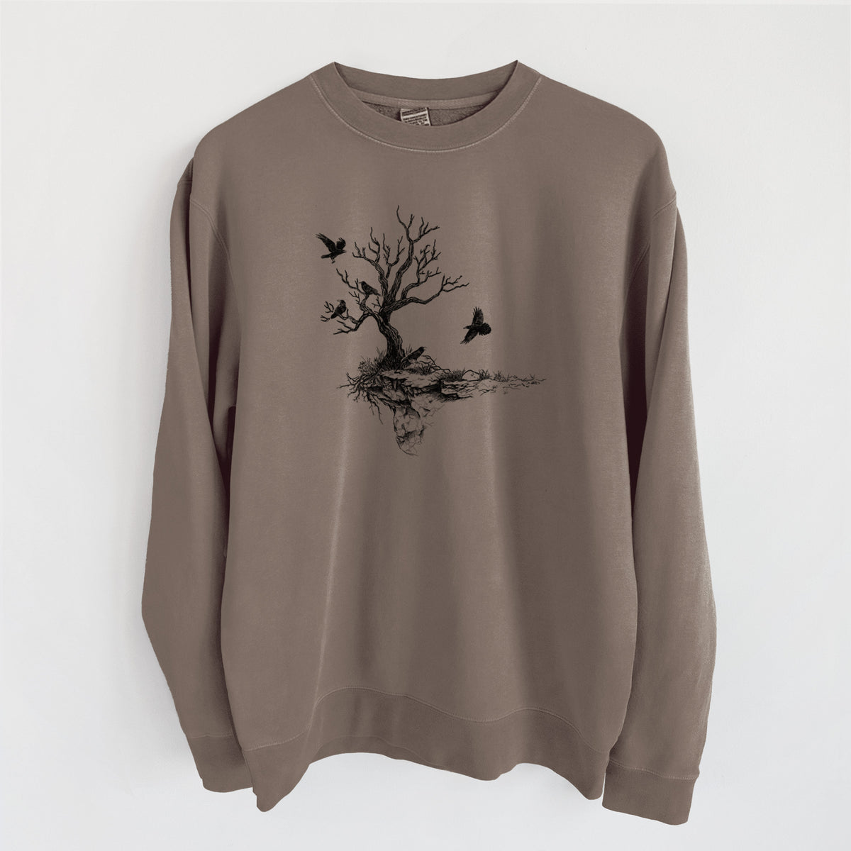 Twisted Tree with Ravens - Unisex Pigment Dyed Crew Sweatshirt in Espresso Brown Color