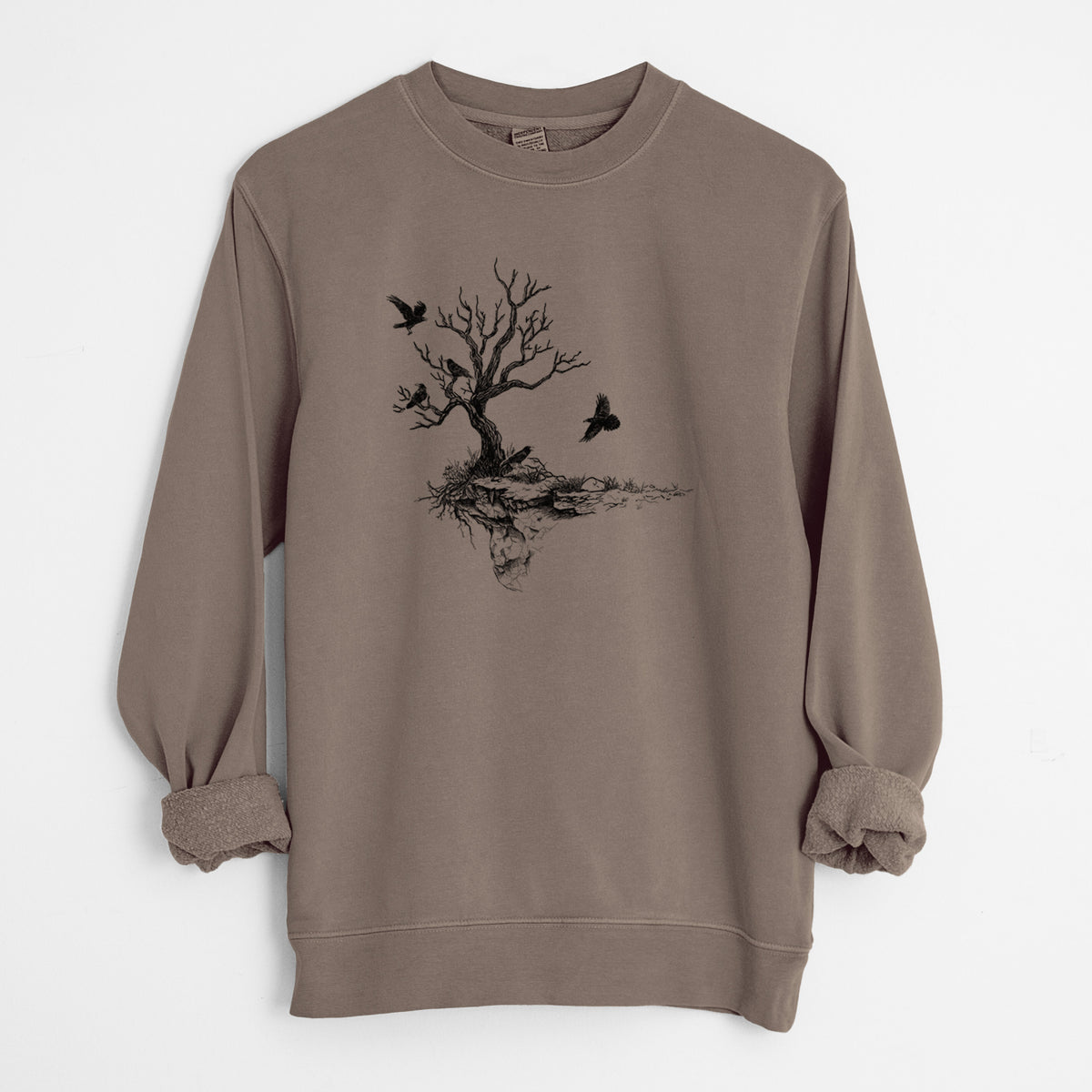 Twisted Tree with Ravens - Unisex Pigment Dyed Crew Sweatshirt in Espresso Brown Color