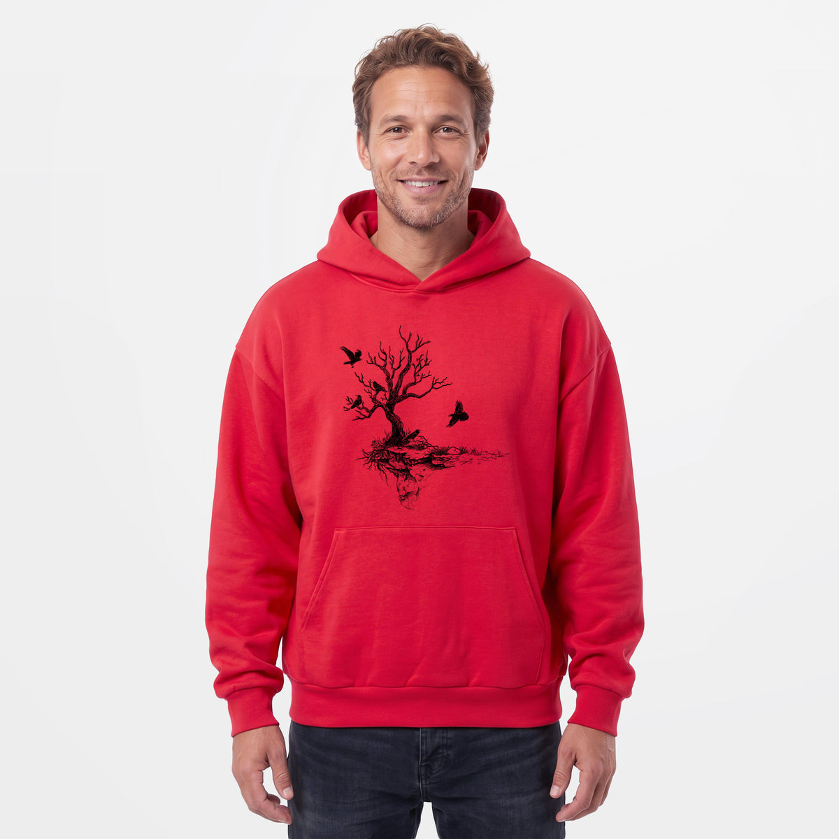 Male model wearing the Twisted Tree with Ravens - Statement Midweight Hoodie.