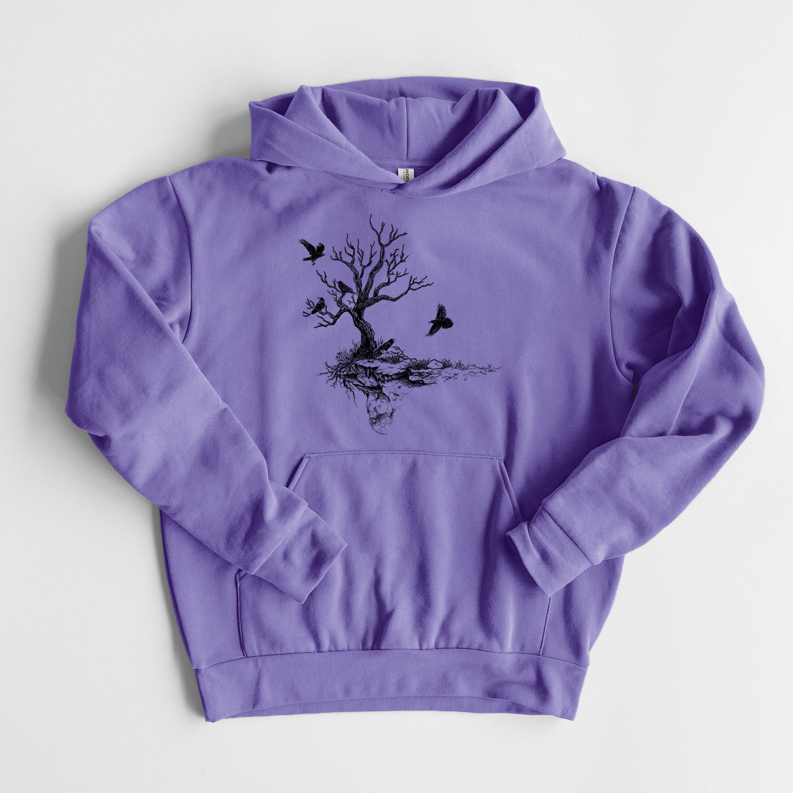 Twisted Tree with Ravens - Statement Midweight Hoodie in Violet, laid flat, showing the oversized boxy fit and front kangaroo pocket.