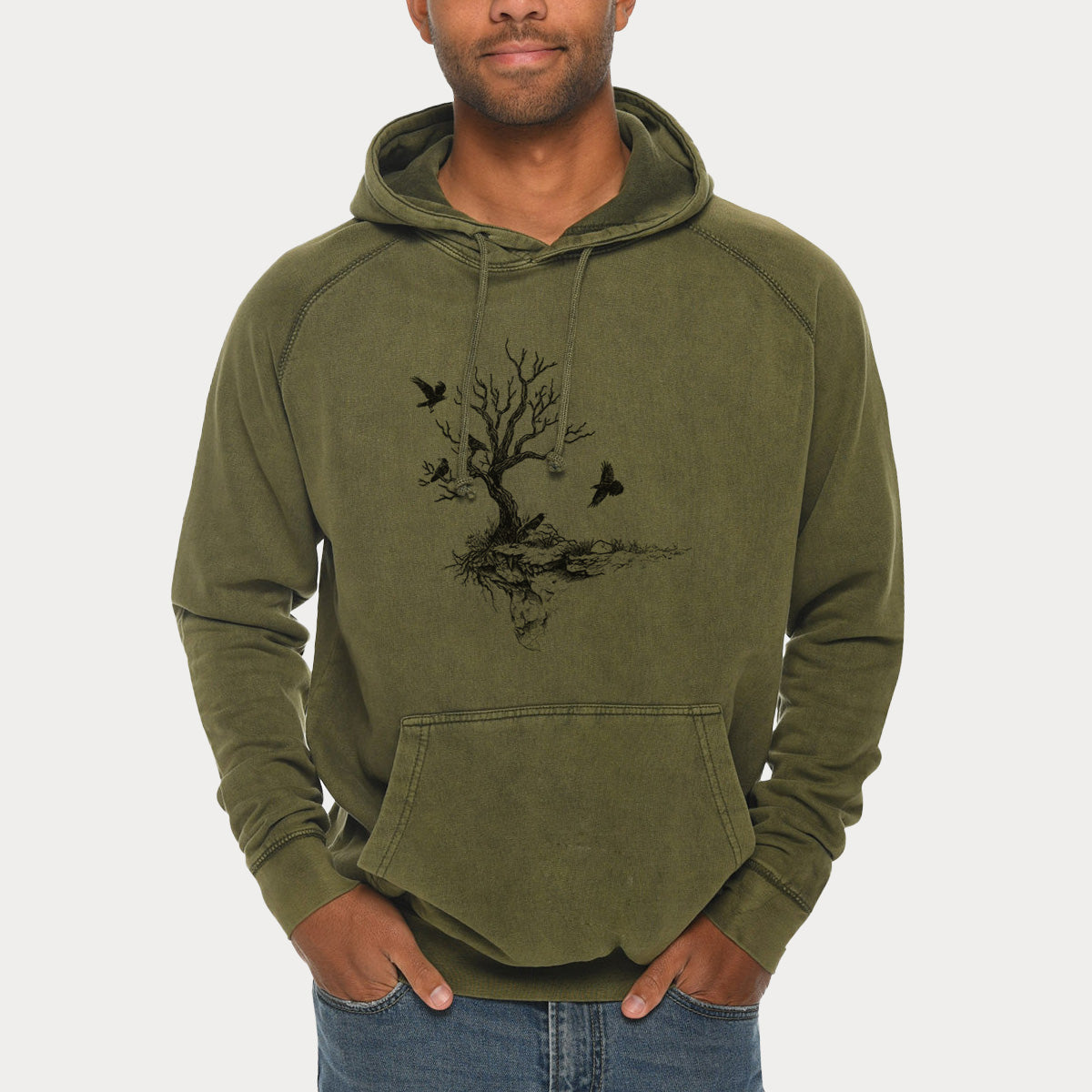 Twisted Tree with Ravens  - Mid-Weight Unisex Vintage 100% Cotton Hoodie