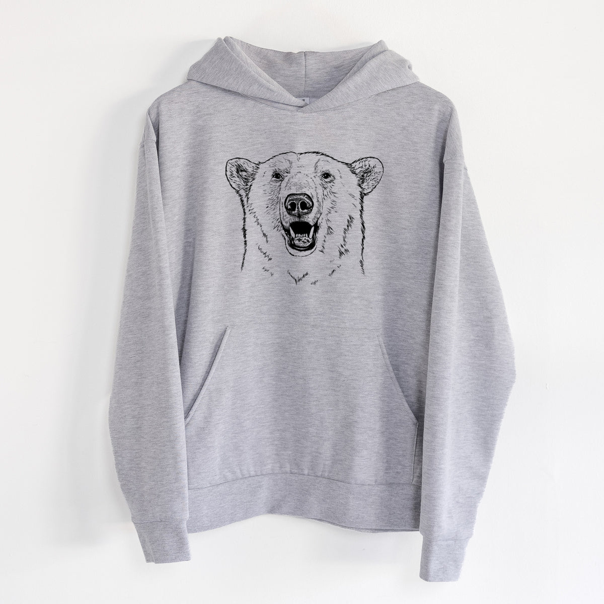 Ursus Maritimus - Polar Bear - Statement Midweight Hoodie in Heather Grey, hanging on a white wall, with a front kangaroo pocket and no drawcords.