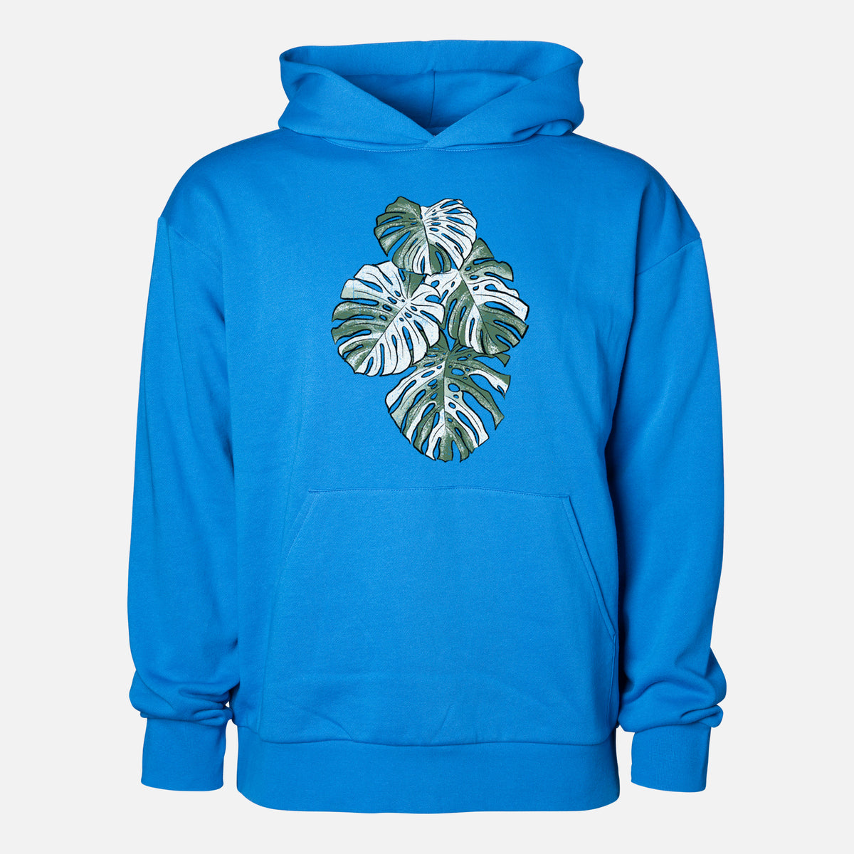 Variegated Monstera - Statement Midweight Hoodie in Azure Blue, shown from the front with the design printed on the chest above a front kangaroo pocket.
