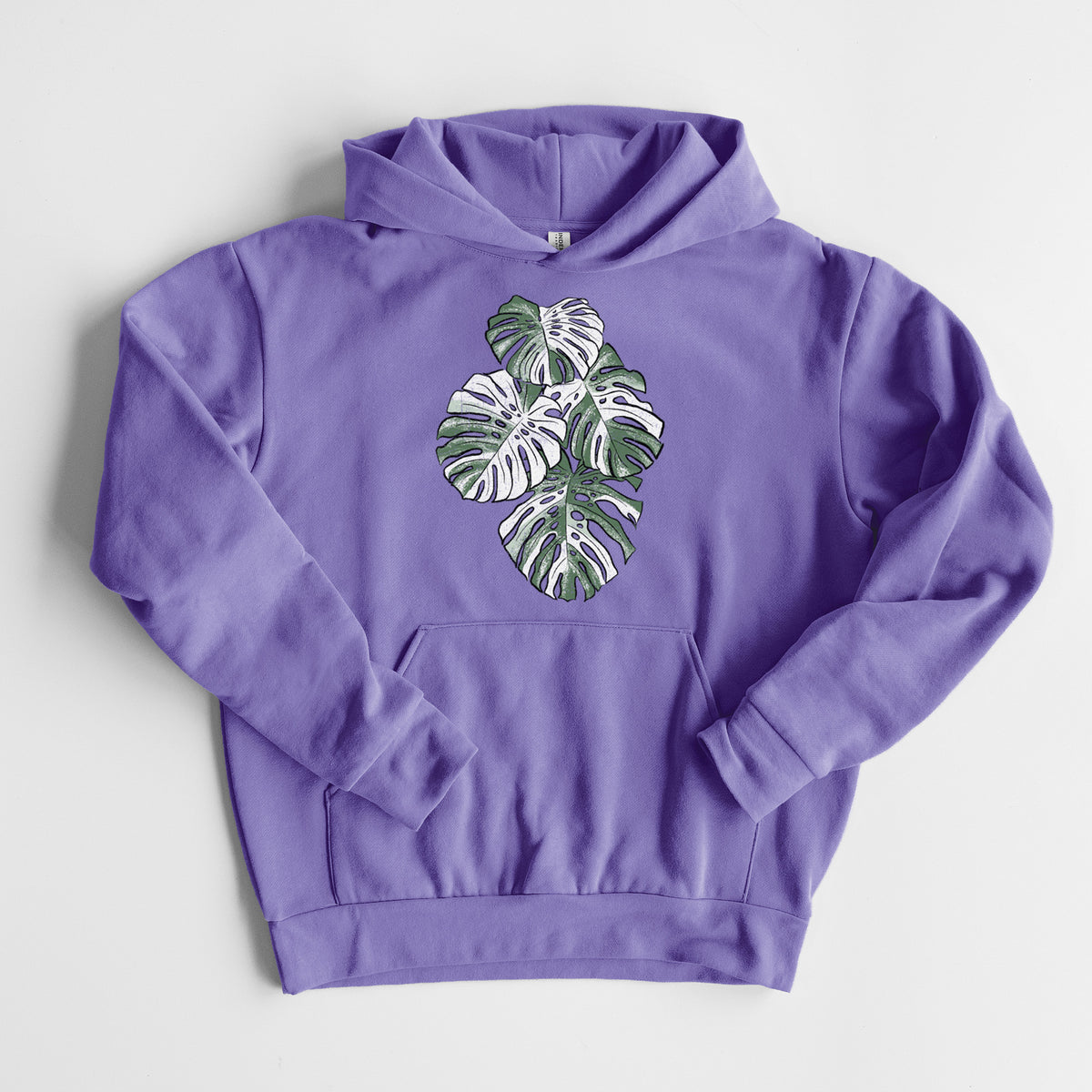 Variegated Monstera - Statement Midweight Hoodie in Violet, laid flat, showing the oversized boxy fit and front kangaroo pocket.