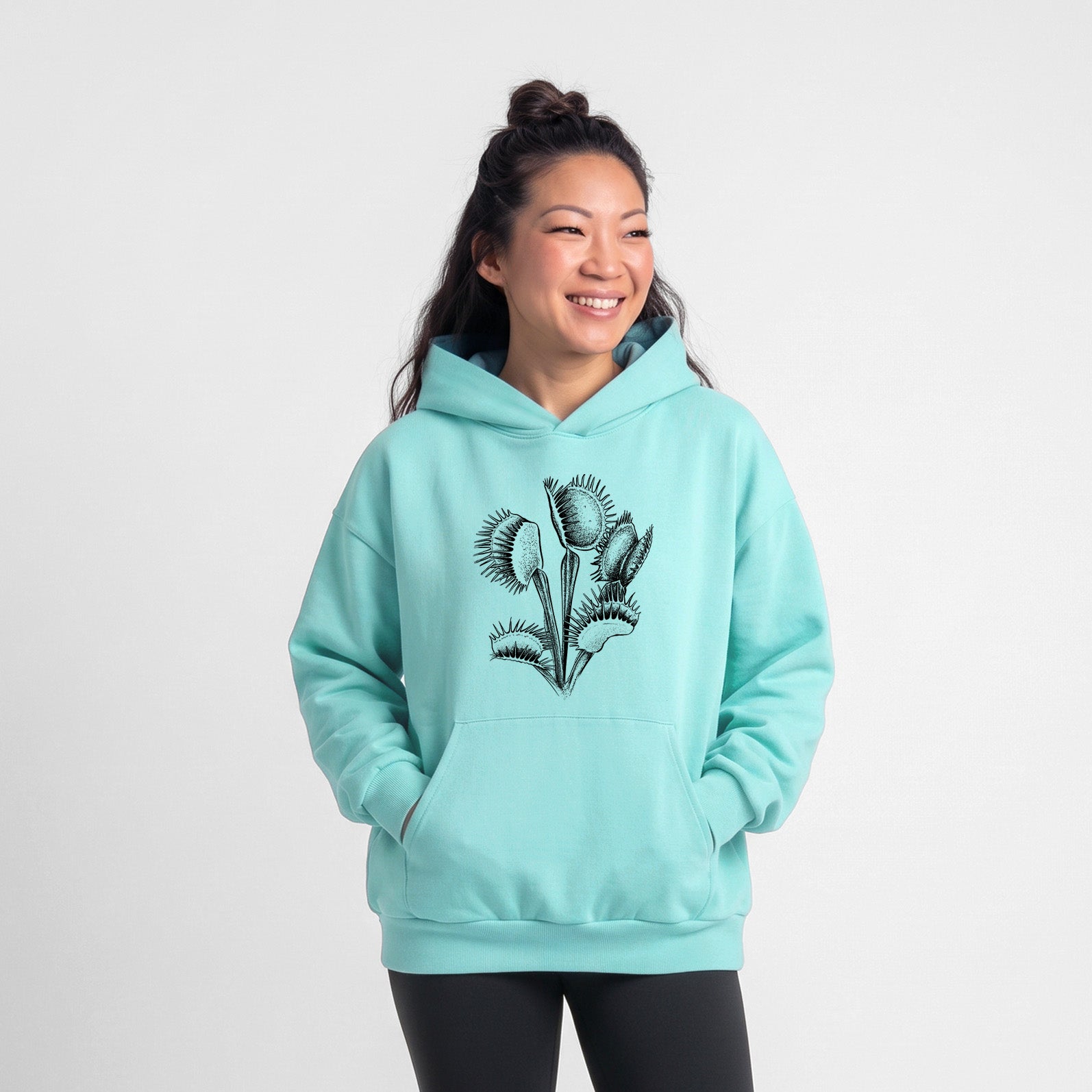 Venus Fly Trap - Dionaea muscipula - Statement Midweight Hoodie in Violet, laid flat, showing the oversized boxy fit and front kangaroo pocket.