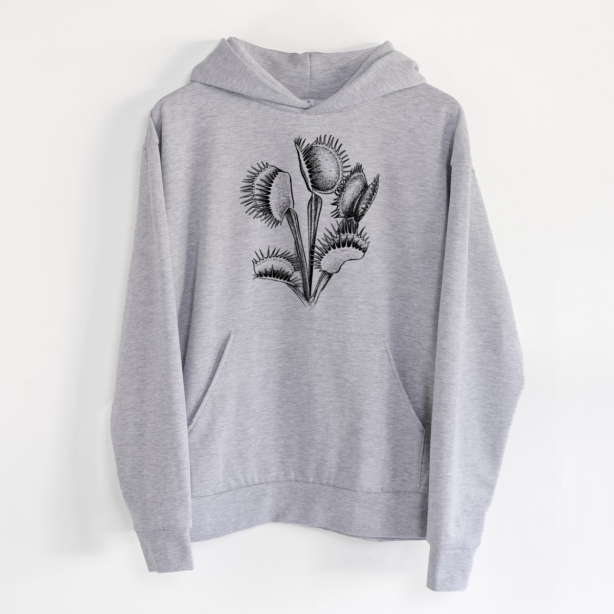 Venus Fly Trap - Dionaea muscipula - Statement Midweight Hoodie in Heather Grey, hanging on a white wall, with a front kangaroo pocket and no drawcords.