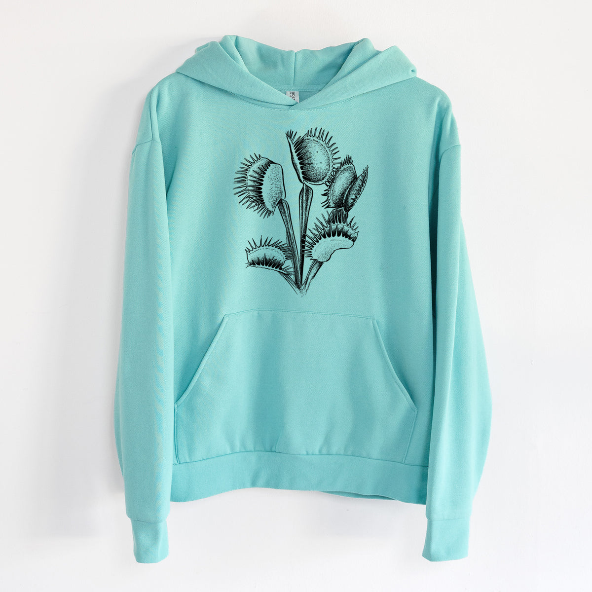 Venus Fly Trap - Dionaea muscipula - Statement Midweight Hoodie in Seafoam, hanging on a white wall, with a front kangaroo pocket and no drawcords.