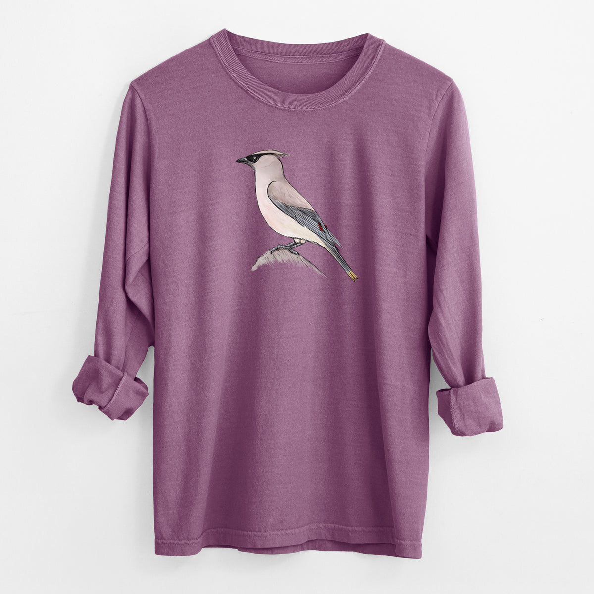 Vibrant Cedar Waxwing - Bombycilla cedrorum - Men&#39;s Heavyweight 100% Cotton Long Sleeve