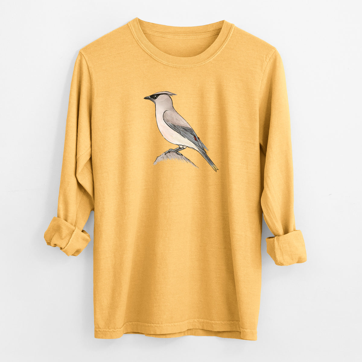 Vibrant Cedar Waxwing - Bombycilla cedrorum - Men&#39;s Heavyweight 100% Cotton Long Sleeve