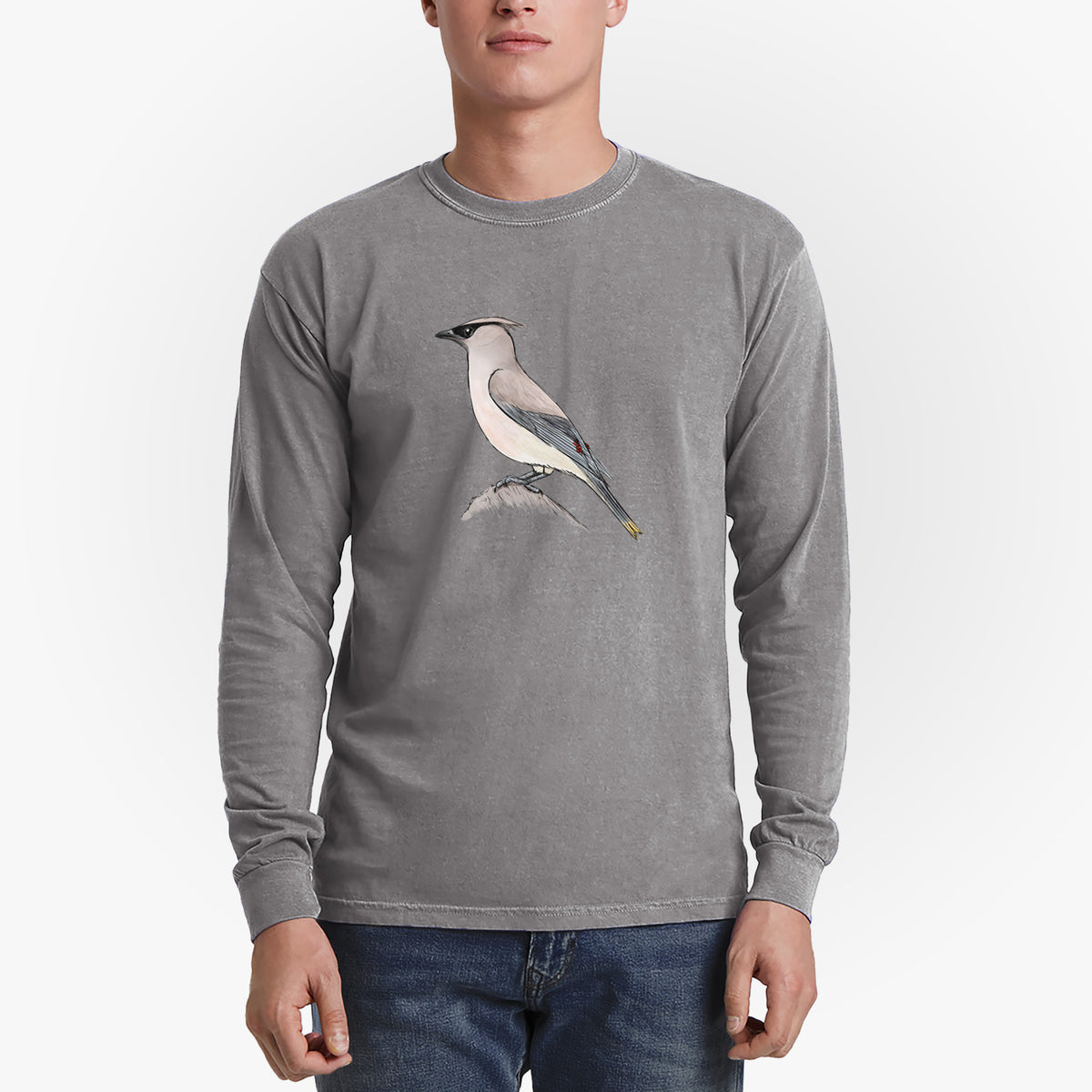 Vibrant Cedar Waxwing - Bombycilla cedrorum - Men&#39;s Heavyweight 100% Cotton Long Sleeve