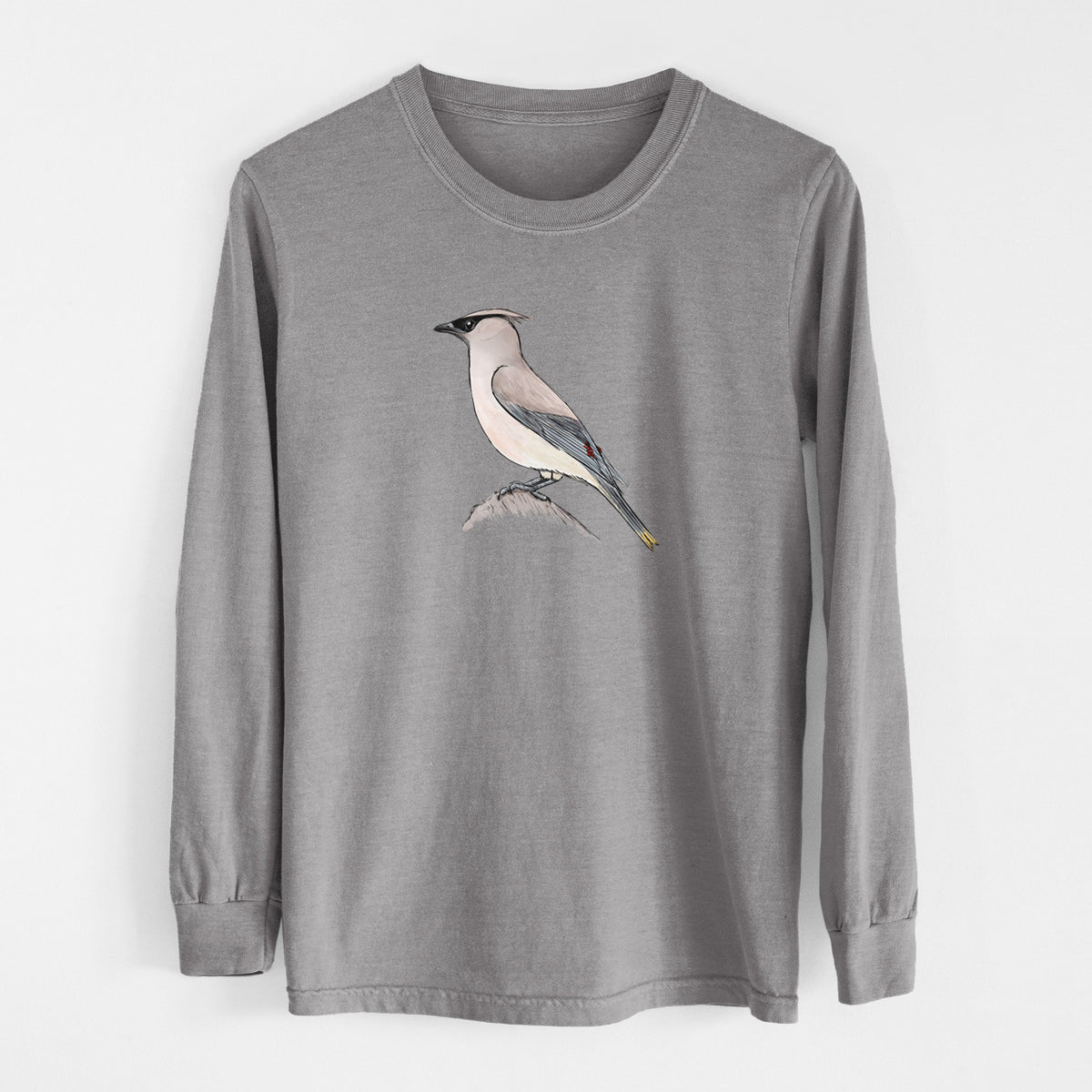 Vibrant Cedar Waxwing - Bombycilla cedrorum - Men&#39;s Heavyweight 100% Cotton Long Sleeve