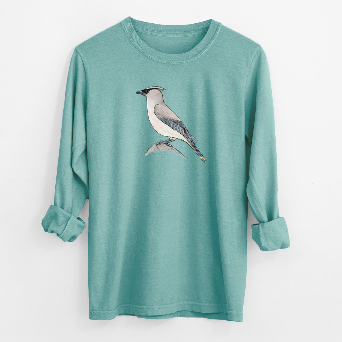 Vibrant Cedar Waxwing - Bombycilla cedrorum - Men&#39;s Heavyweight 100% Cotton Long Sleeve