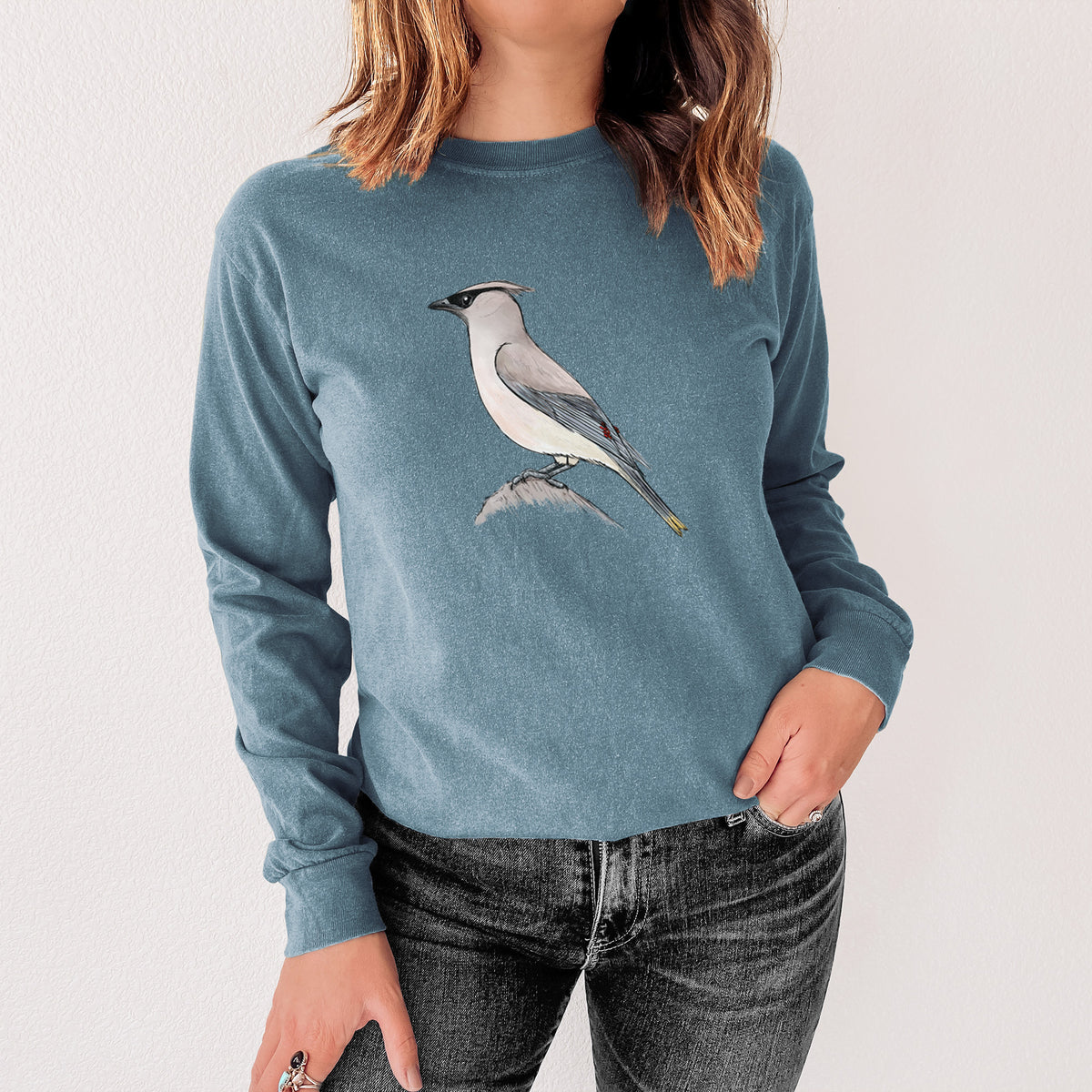 Vibrant Cedar Waxwing - Bombycilla cedrorum - Men&#39;s Heavyweight 100% Cotton Long Sleeve