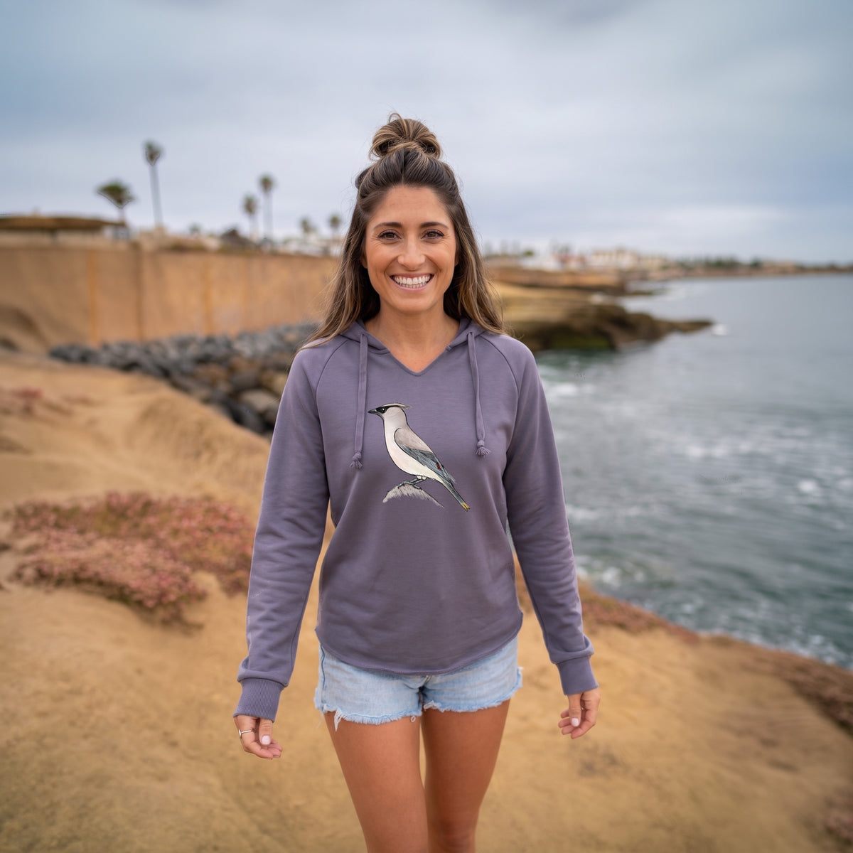 Vibrant Cedar Waxwing - Bombycilla cedrorum - Cali Wave Hooded Sweatshirt