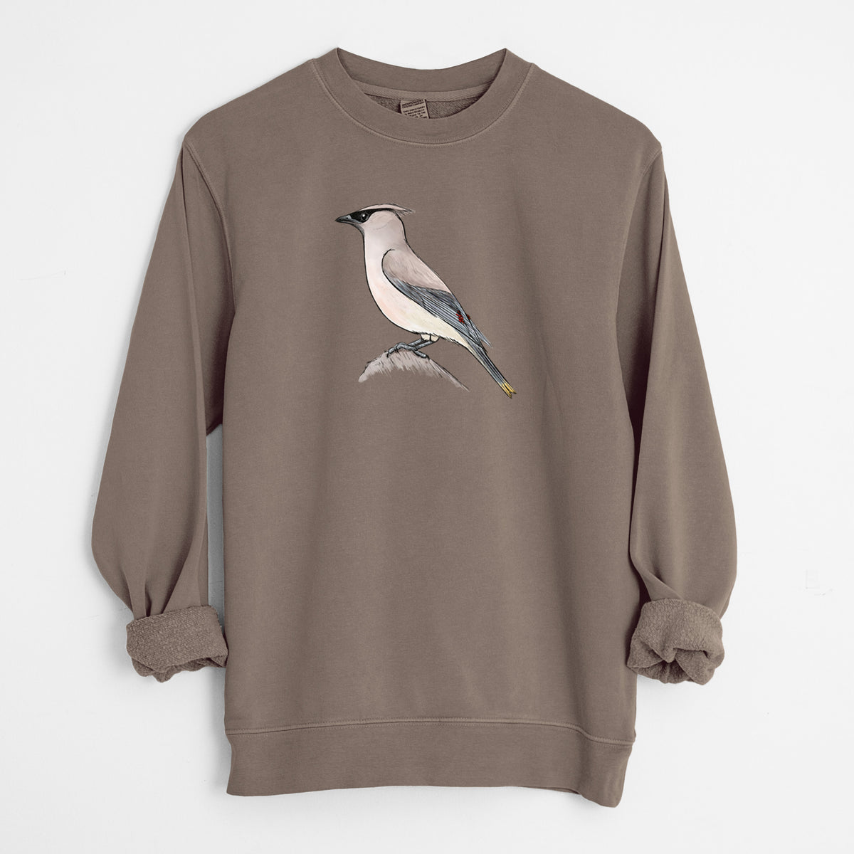 Vibrant Cedar Waxwing - Bombycilla cedrorum - Unisex Pigment Dyed Crew Sweatshirt in Espresso