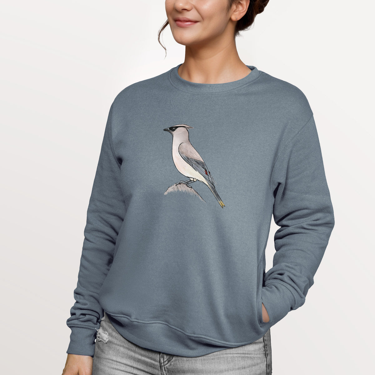 Vibrant Cedar Waxwing - Bombycilla cedrorum  - Unisex Reclaimed Crewneck Sweatshirt