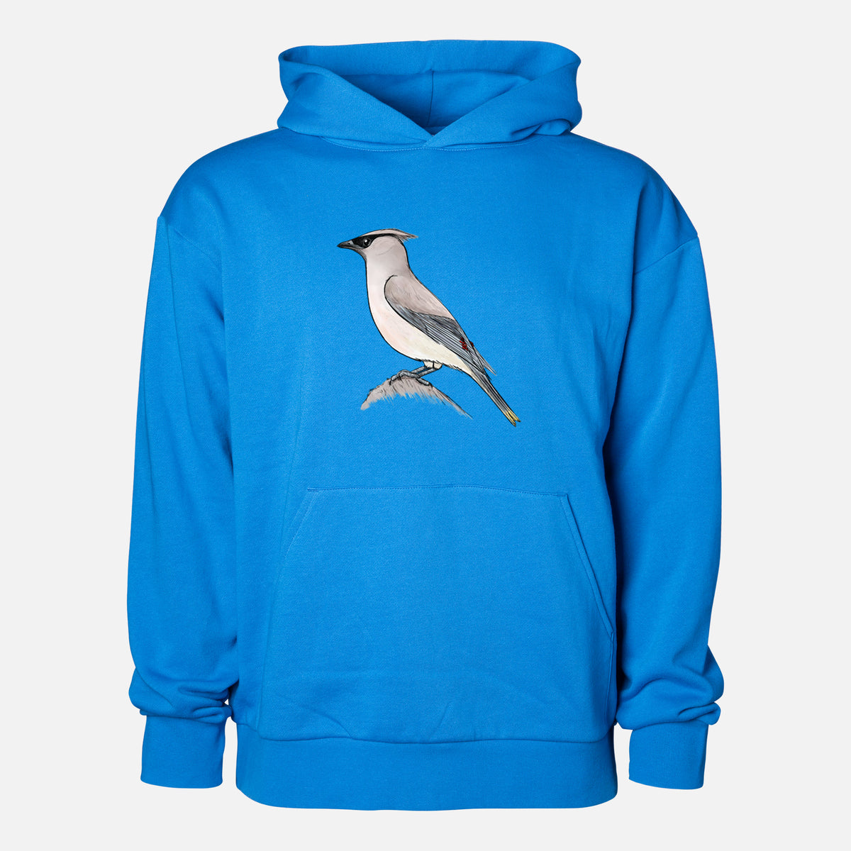 Vibrant Cedar Waxwing - Bombycilla cedrorum - Statement Midweight Hoodie in Azure Blue, shown from the front with the design printed on the chest above a front kangaroo pocket.