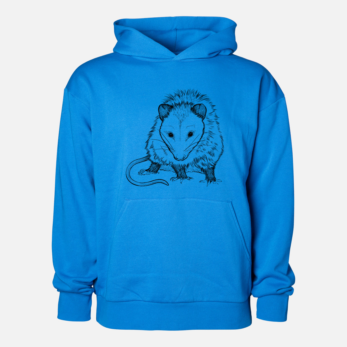 Virginia Opossum - Didelphis virginiana - Statement Midweight Hoodie in Azure Blue, shown from the front with the design printed on the chest above a front kangaroo pocket.