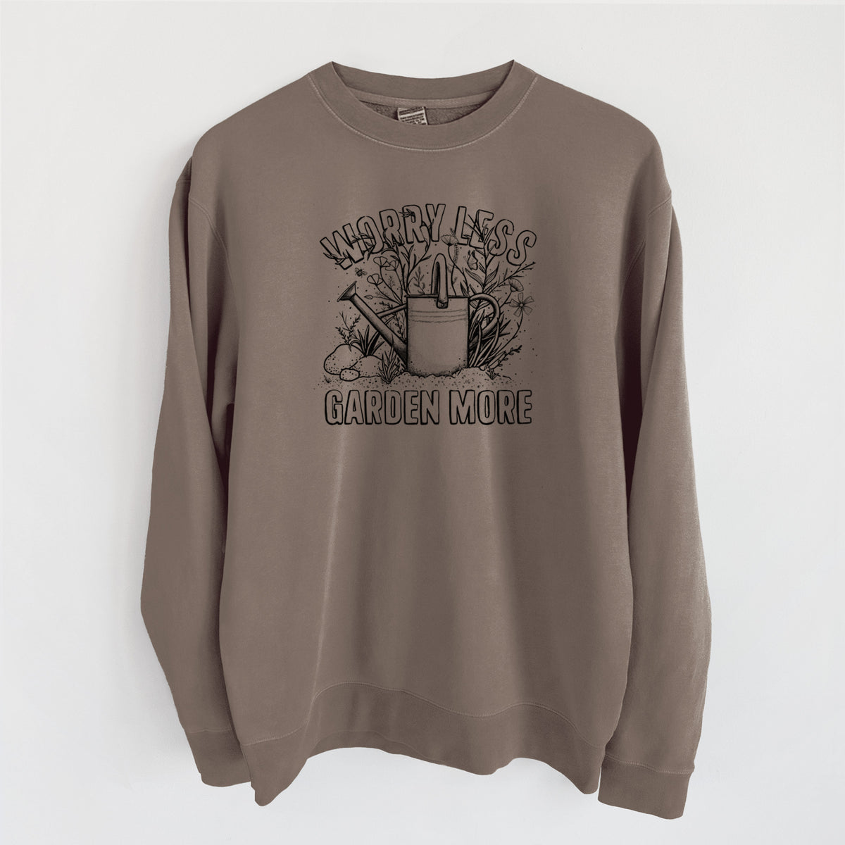 Worry Less — Garden More - Unisex Pigment Dyed Crew Sweatshirt in Espresso Brown Color