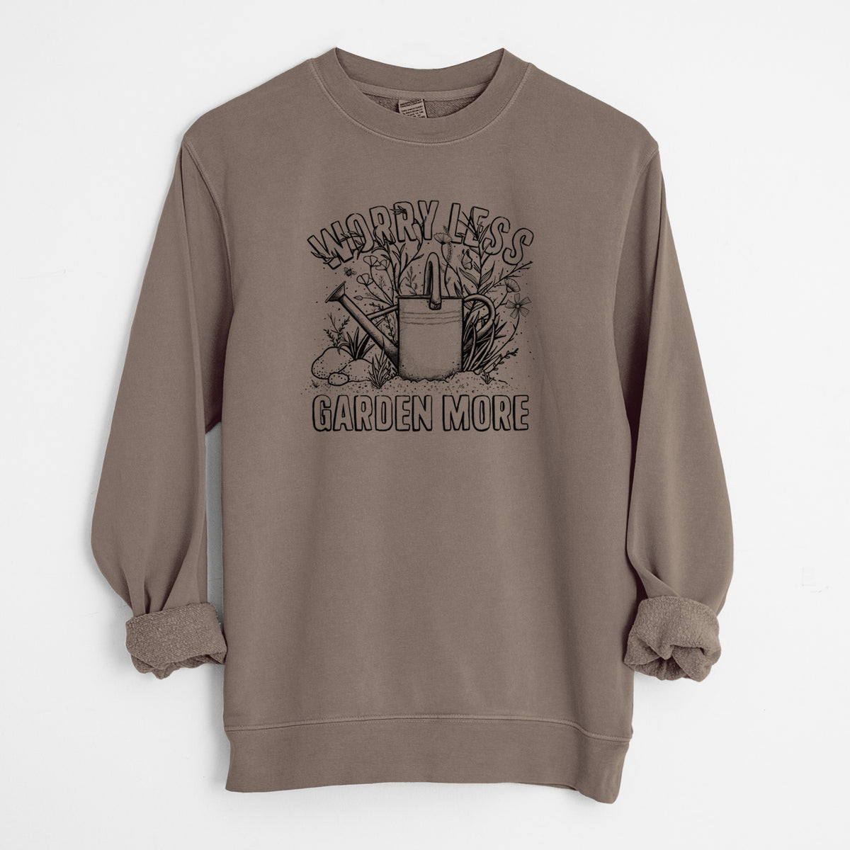 Worry Less — Garden More - Unisex Pigment Dyed Crew Sweatshirt in Espresso Brown Color