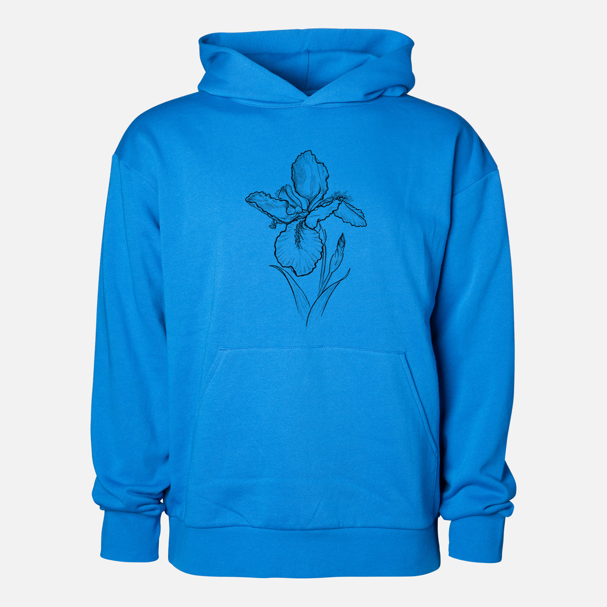 Wall Iris - Iris tectorum - Statement Midweight Hoodie in Azure Blue, shown from the front with the design printed on the chest above a front kangaroo pocket.