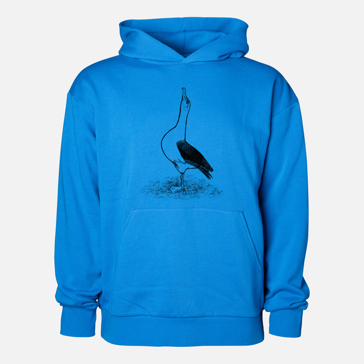 Diomedea exulans - Wandering Albatross - Statement Midweight Hoodie in Azure Blue, shown from the front with the design printed on the chest above a front kangaroo pocket.