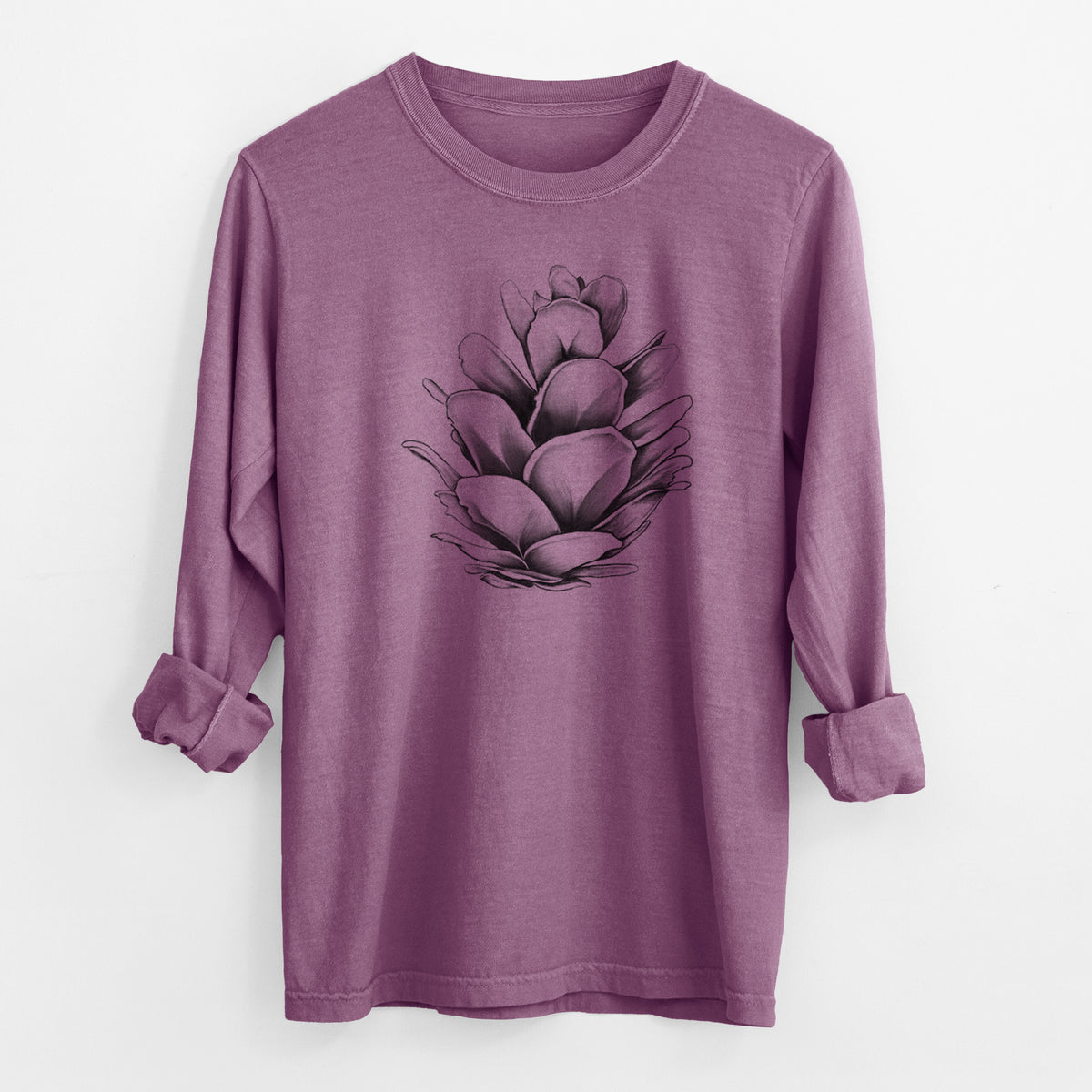 Tsuga heterophylla - Western Hemlock Pine Cone - Men&#39;s Heavyweight 100% Cotton Long Sleeve