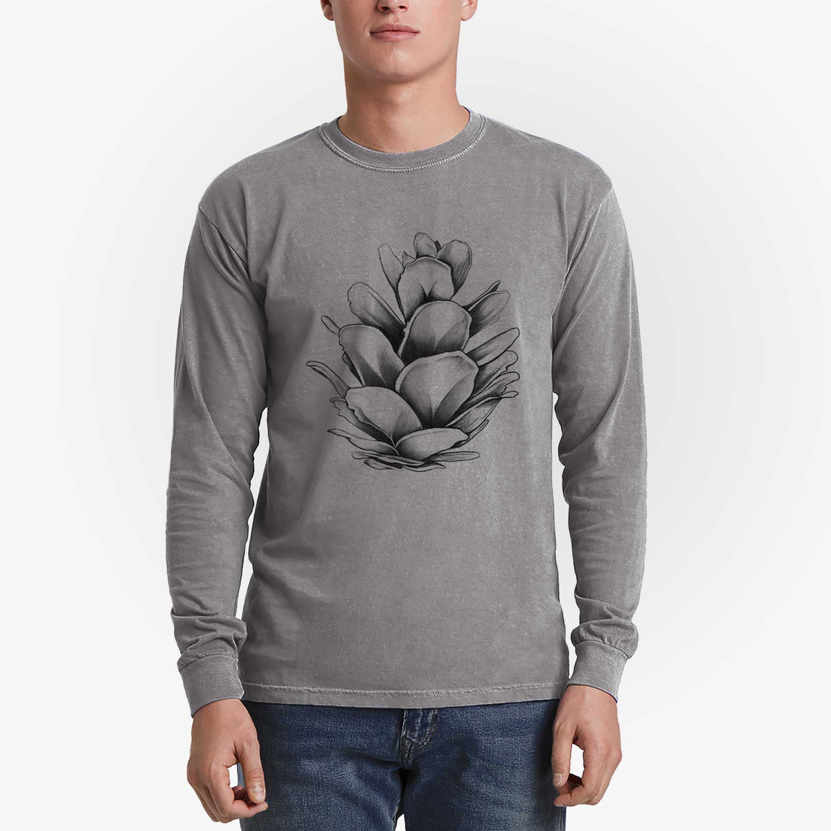 Tsuga heterophylla - Western Hemlock Pine Cone - Men&#39;s Heavyweight 100% Cotton Long Sleeve