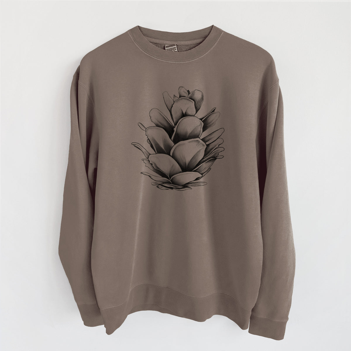 Tsuga heterophylla - Western Hemlock Pine Cone - Unisex Pigment Dyed Crew Sweatshirt in Espresso Brown Color