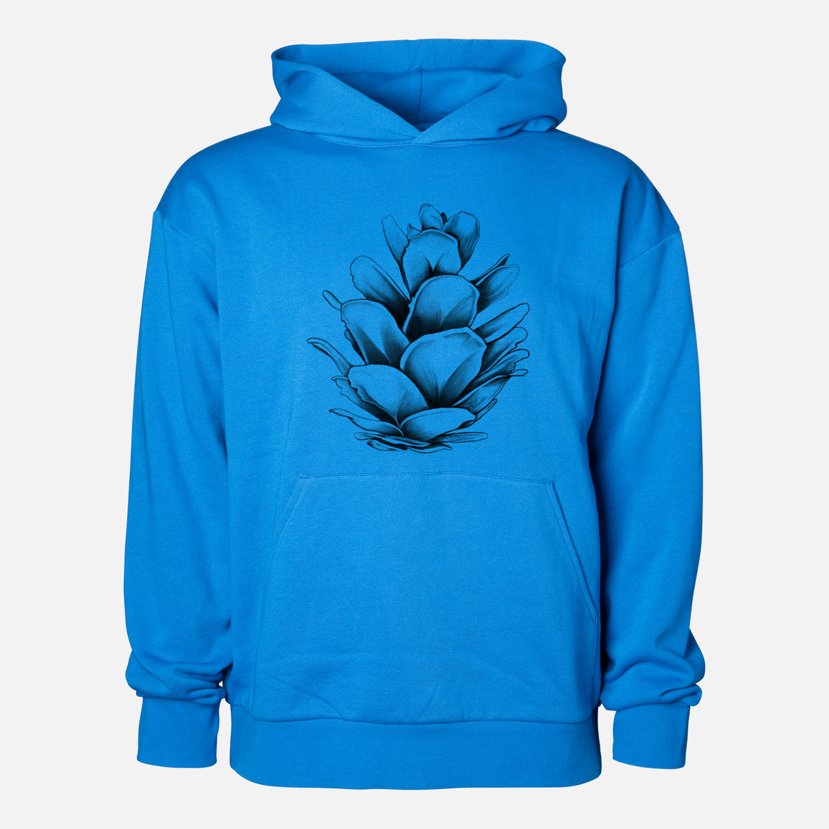 Tsuga heterophylla - Western Hemlock Pine Cone - Statement Midweight Hoodie in Azure Blue, shown from the front with the design printed on the chest above a front kangaroo pocket.