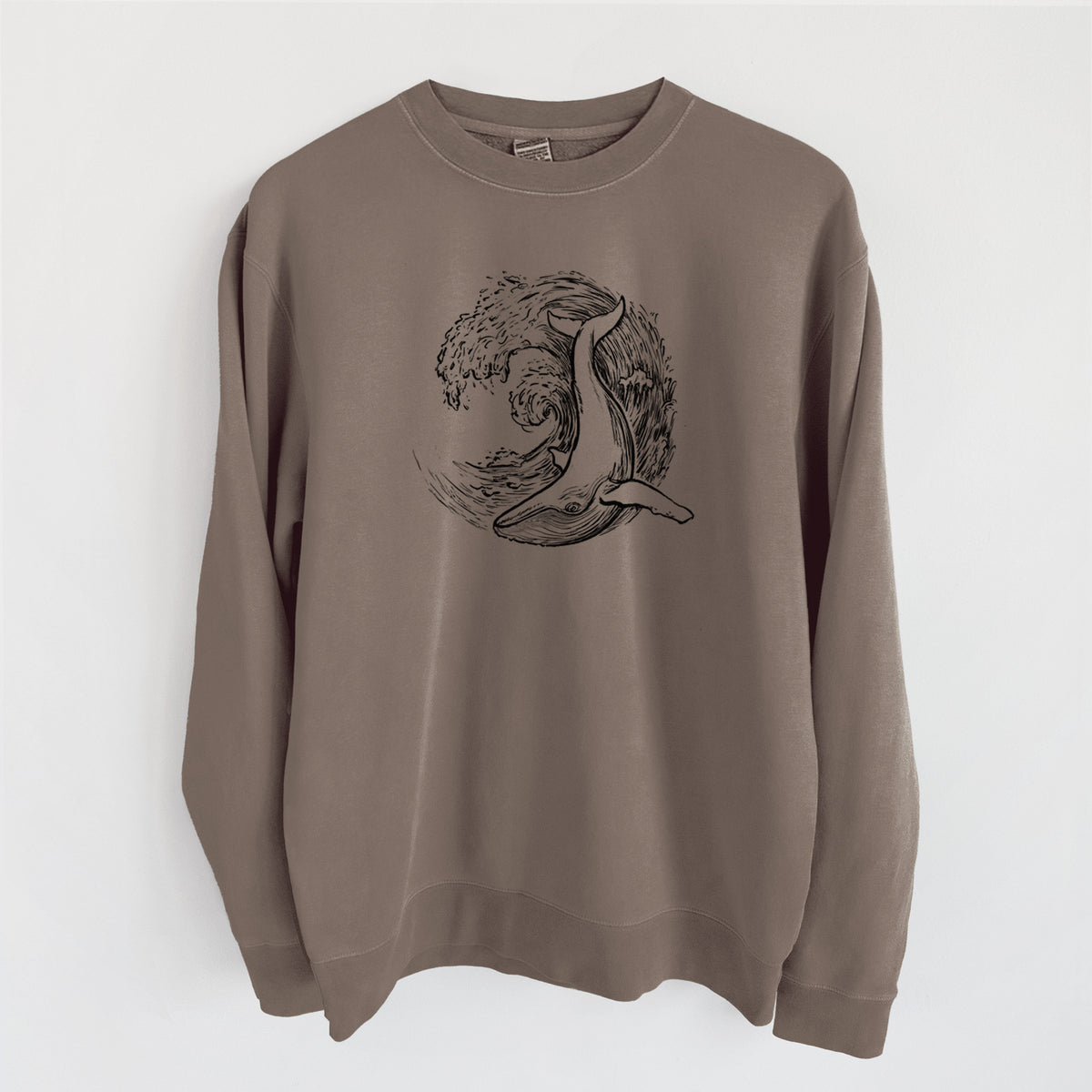 Whale Wave - Unisex Pigment Dyed Crew Sweatshirt in Espresso Brown Color