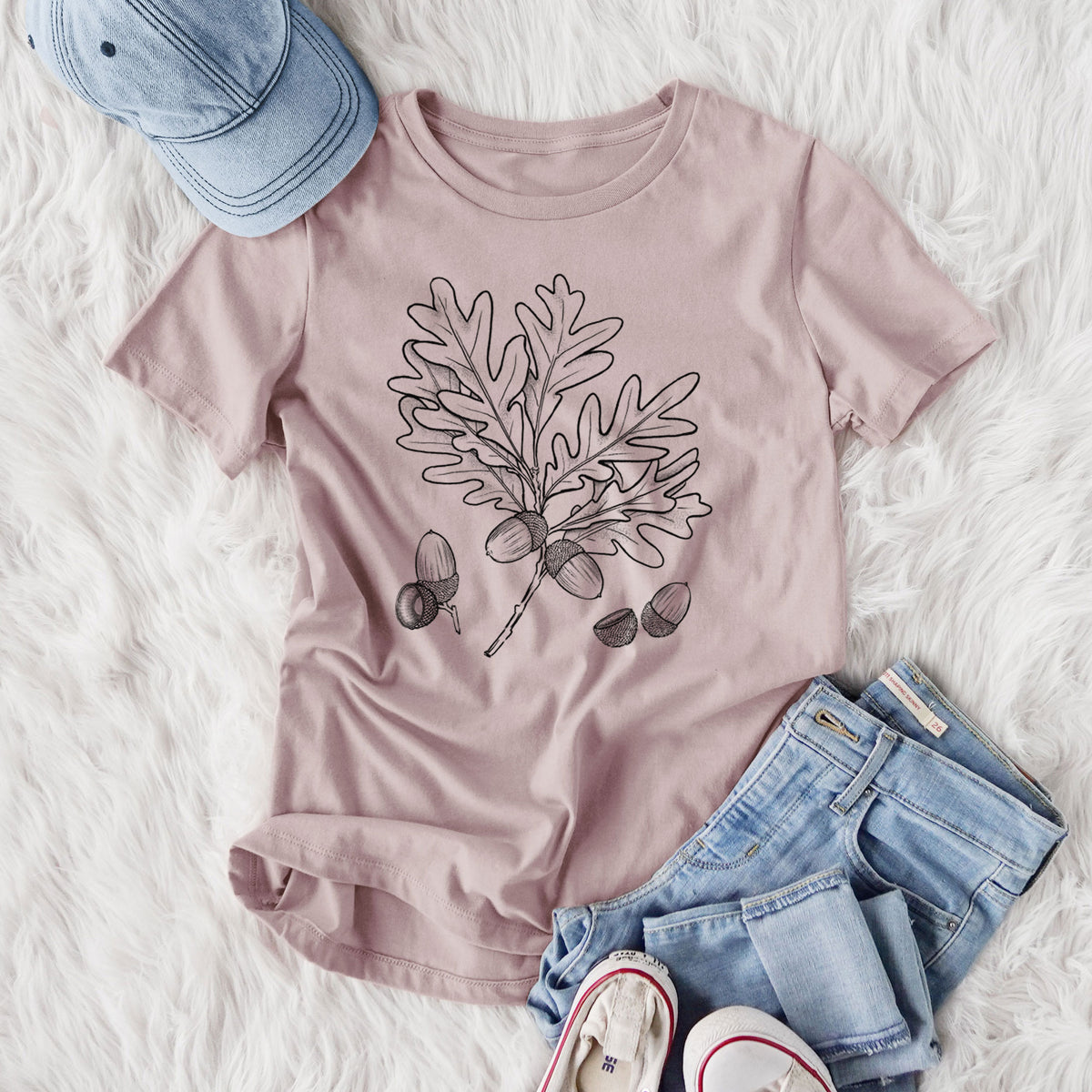 White Oak Branch with Acorns - Quercus alba - Women's Lightweight Relaxed Fit 100% Cotton Crewneck