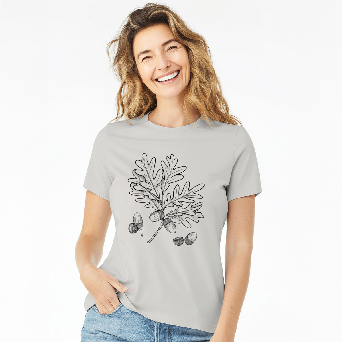 White Oak Branch with Acorns - Quercus alba - Women's Lightweight Relaxed Fit 100% Cotton Crewneck
