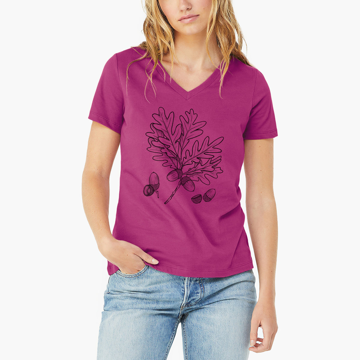 White Oak Branch with Acorns - Quercus alba - Women's Lightweight Relaxed Fit 100% Cotton V-neck