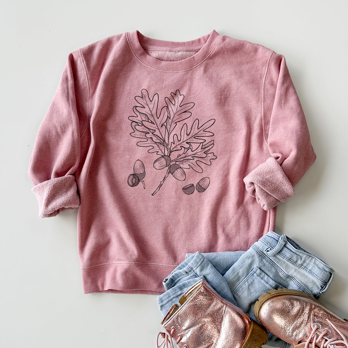 White Oak Branch with Acorns - Quercus alba - Youth Lightweight Crewneck Sweatshirt