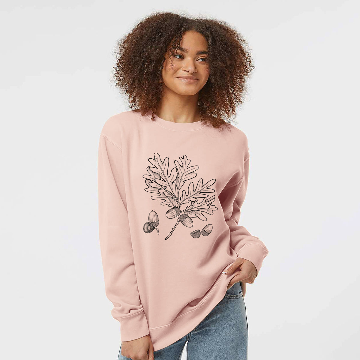 White Oak Branch with Acorns - Quercus alba - Unisex Pigment Dyed Crew Sweatshirt
