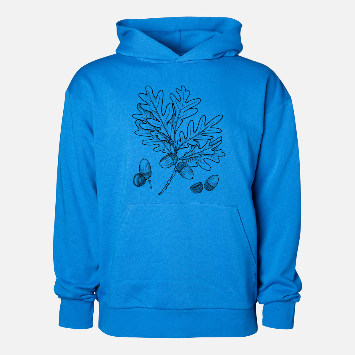 White Oak Branch with Acorns - Quercus alba - Statement Midweight Hoodie in Azure Blue, shown from the front with the design printed on the chest above a front kangaroo pocket.