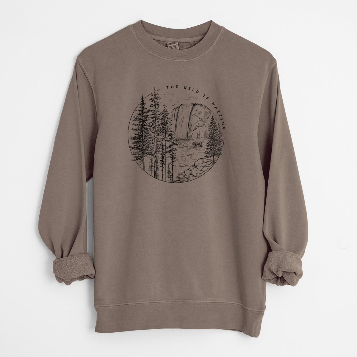 The Wild is Waiting - Unisex Pigment Dyed Crew Sweatshirt in Espresso Brown Color