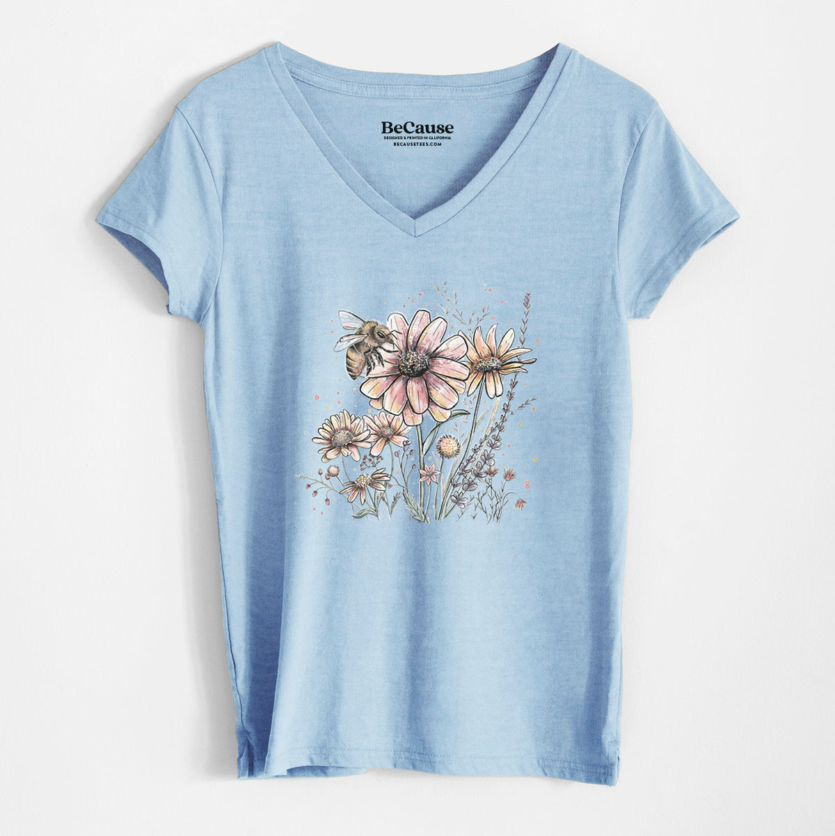 Bee with Wildflowers - Women&#39;s 100% Recycled V-neck