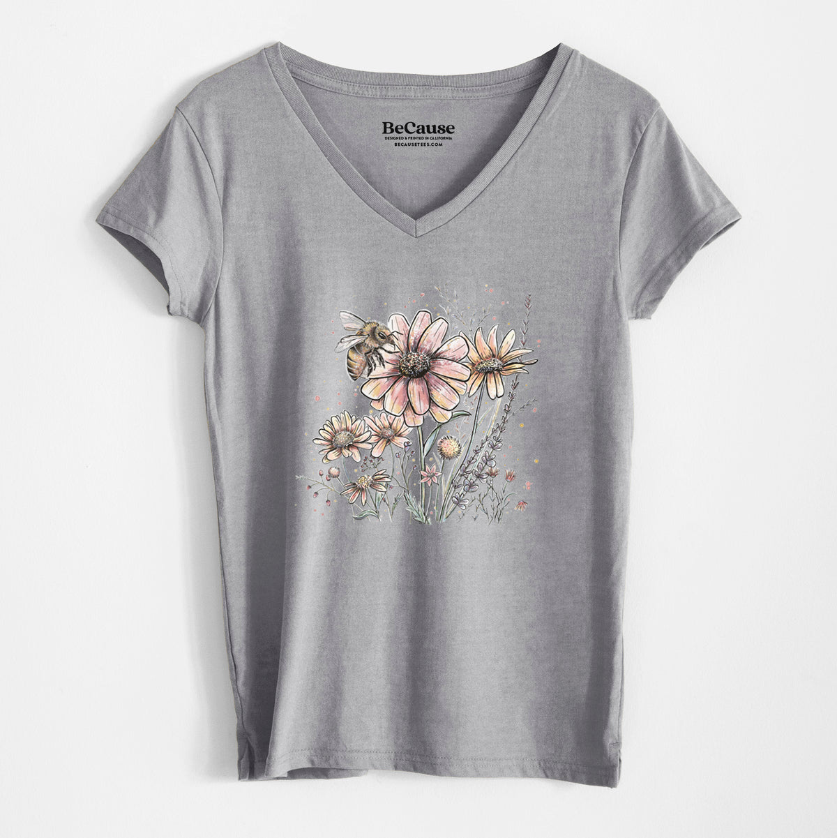 Bee with Wildflowers - Women&#39;s 100% Recycled V-neck