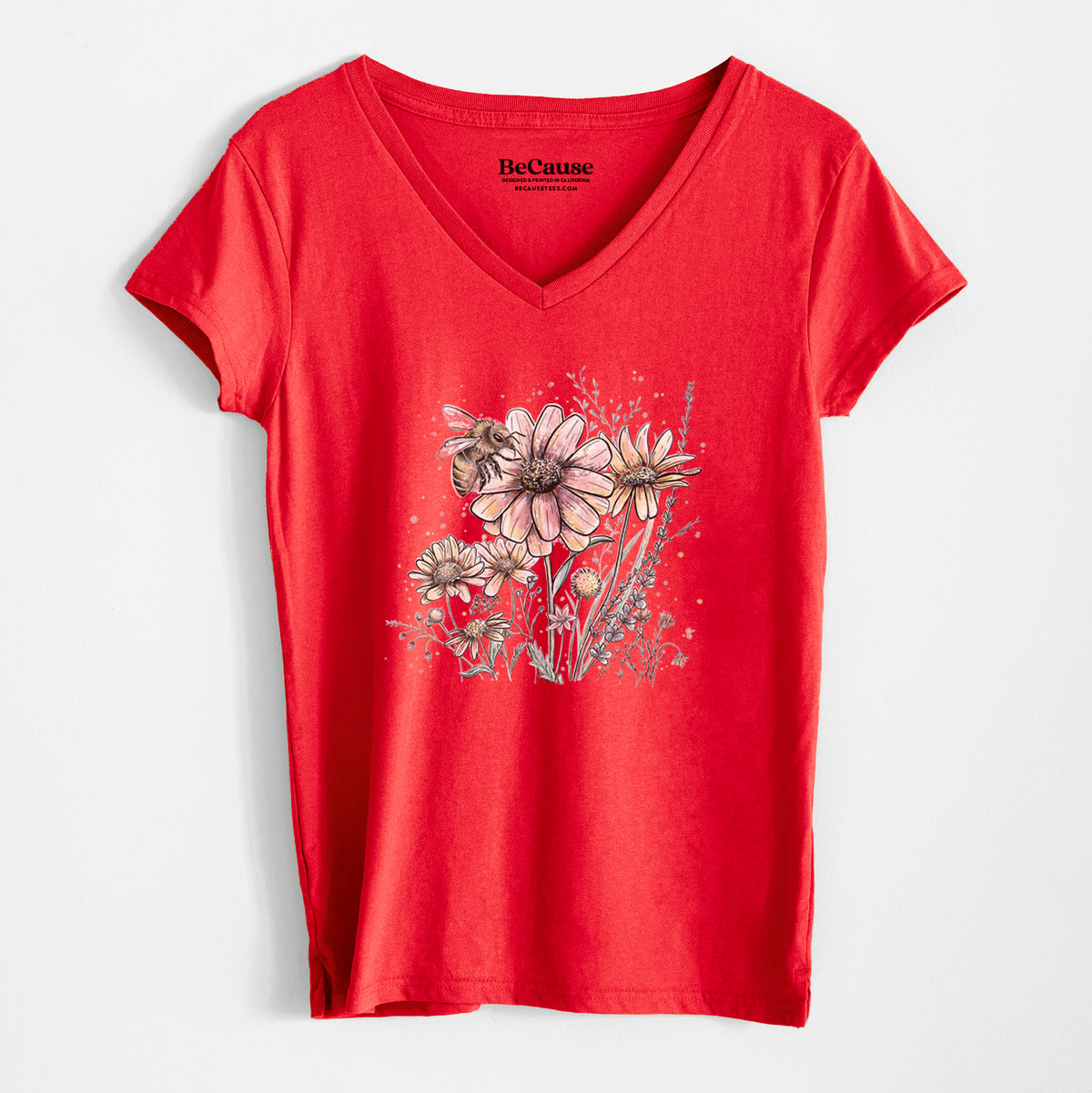 Bee with Wildflowers - Women&#39;s 100% Recycled V-neck