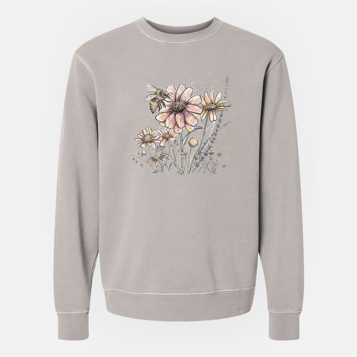 Bee with Wildflowers - Unisex Pigment Dyed Crew Sweatshirt