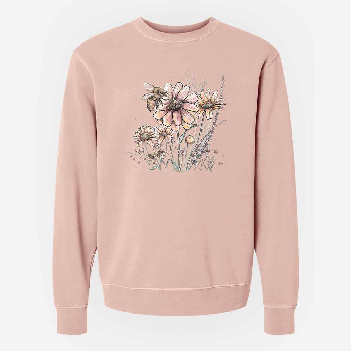 Bee with Wildflowers - Unisex Pigment Dyed Crew Sweatshirt
