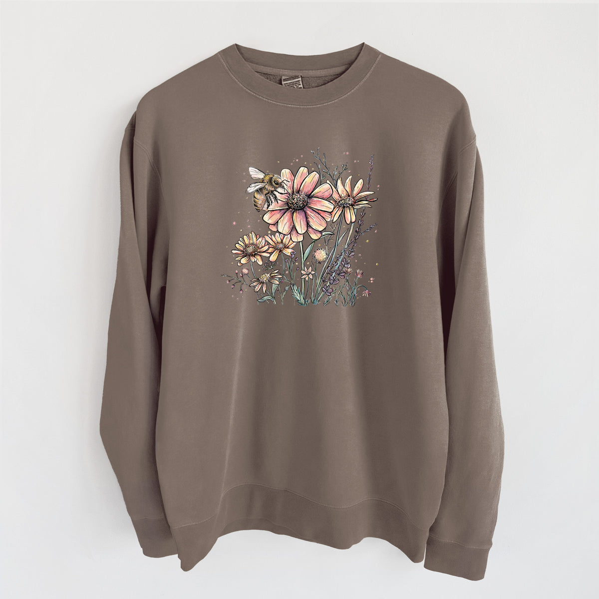 Bee with Wildflowers - Unisex Pigment Dyed Crew Sweatshirt in Espresso