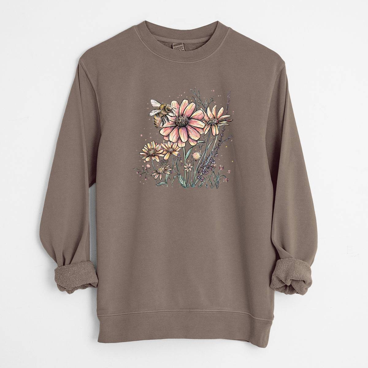 Bee with Wildflowers - Unisex Pigment Dyed Crew Sweatshirt in Espresso