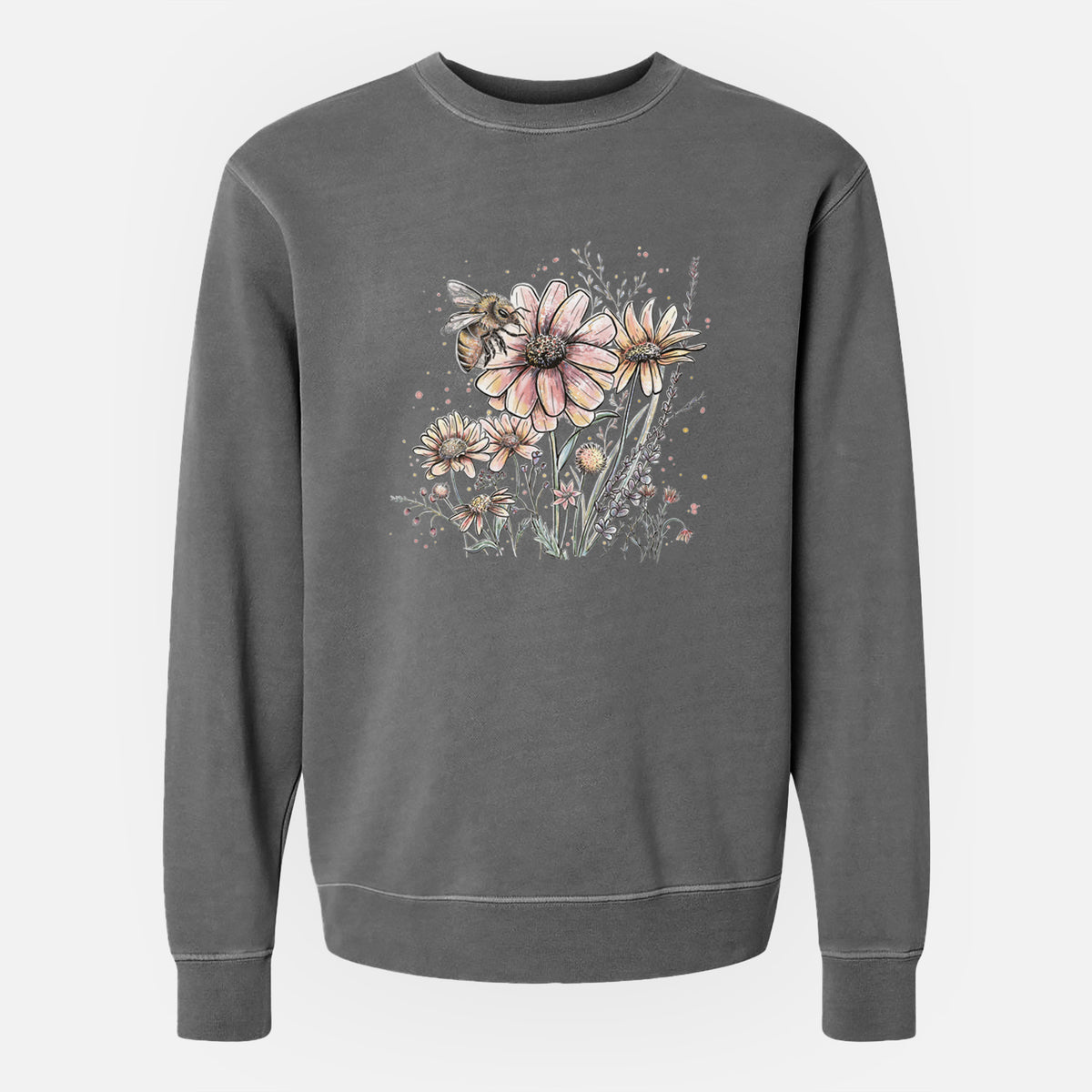 Bee with Wildflowers - Unisex Pigment Dyed Crew Sweatshirt