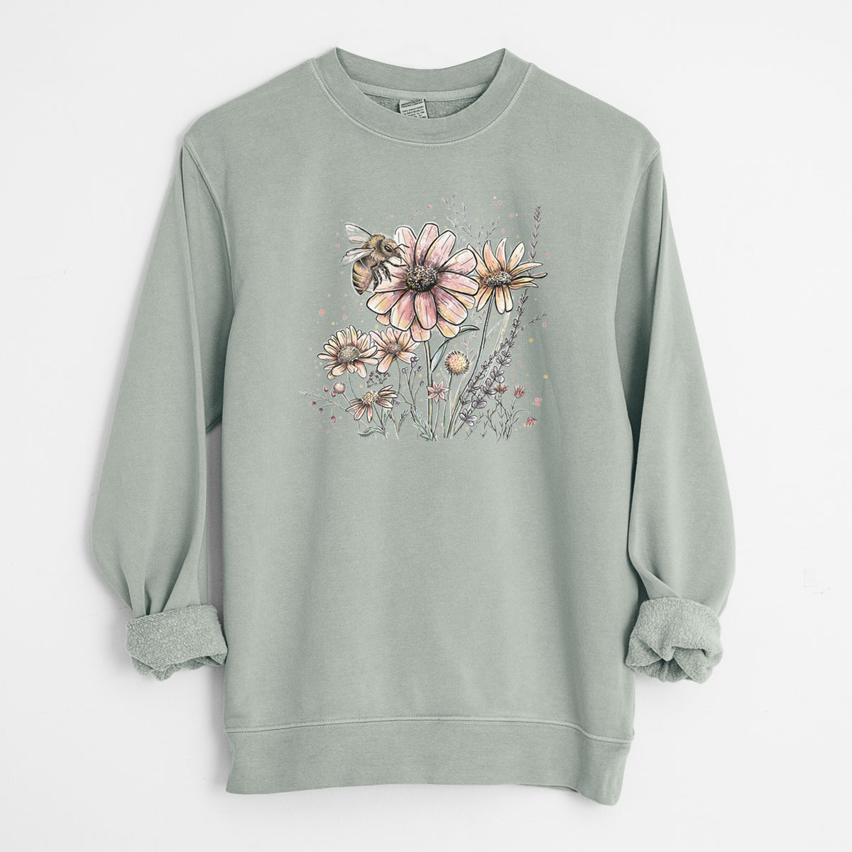 Bee with Wildflowers - Unisex Pigment Dyed Crew Sweatshirt