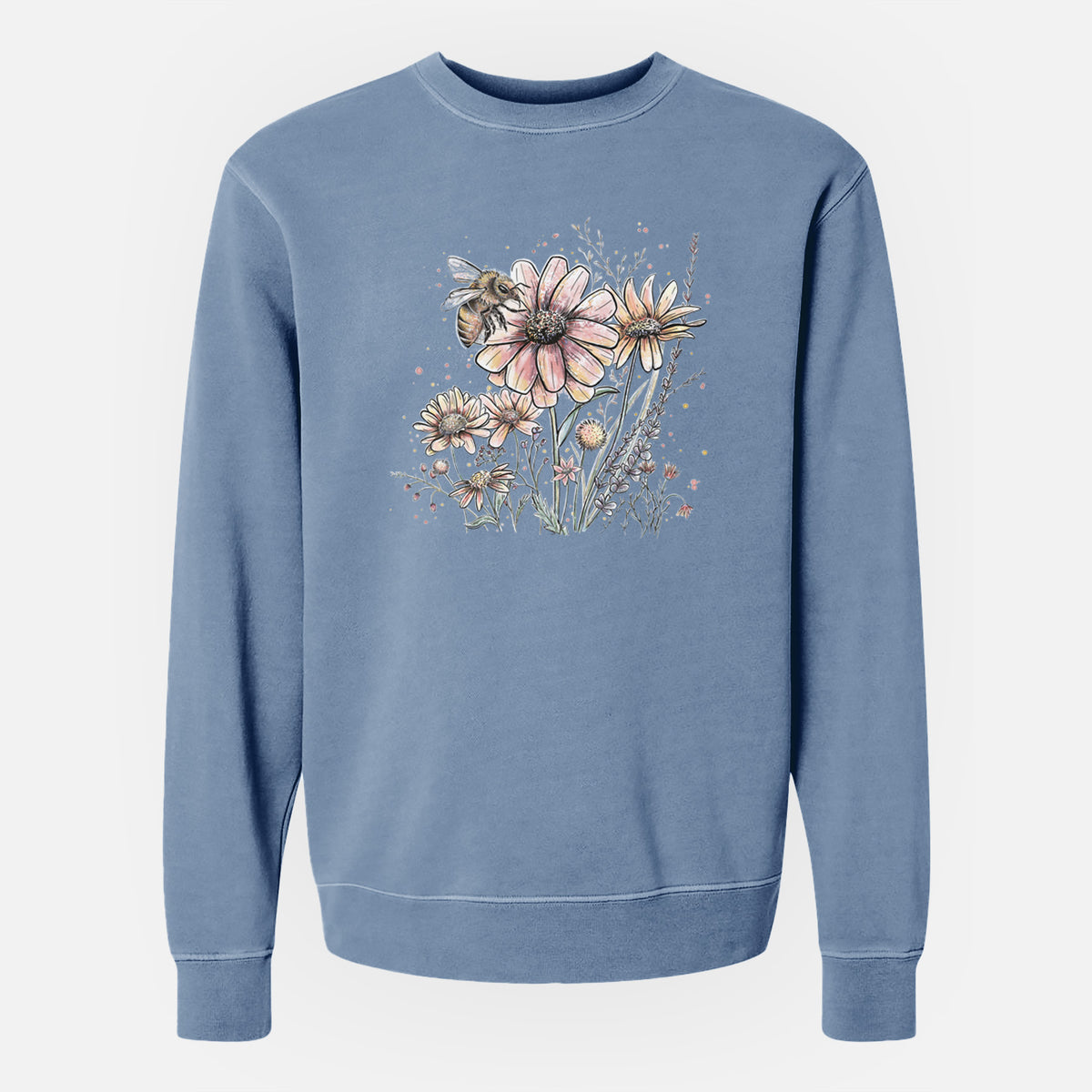 Bee with Wildflowers - Unisex Pigment Dyed Crew Sweatshirt